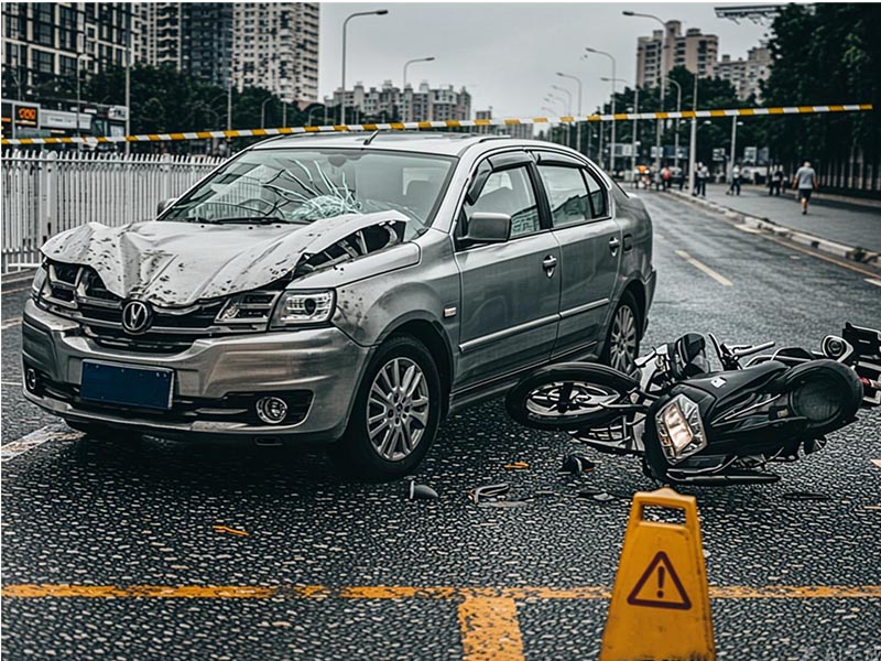 Car accident scene on a road with emergency lights and damaged vehicles