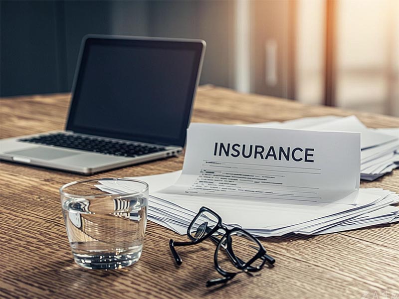 Insurance documents and policy papers stacked on a desk