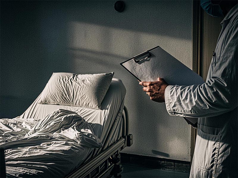Doctor consulting with a patient in a hospital room reviewing medical records